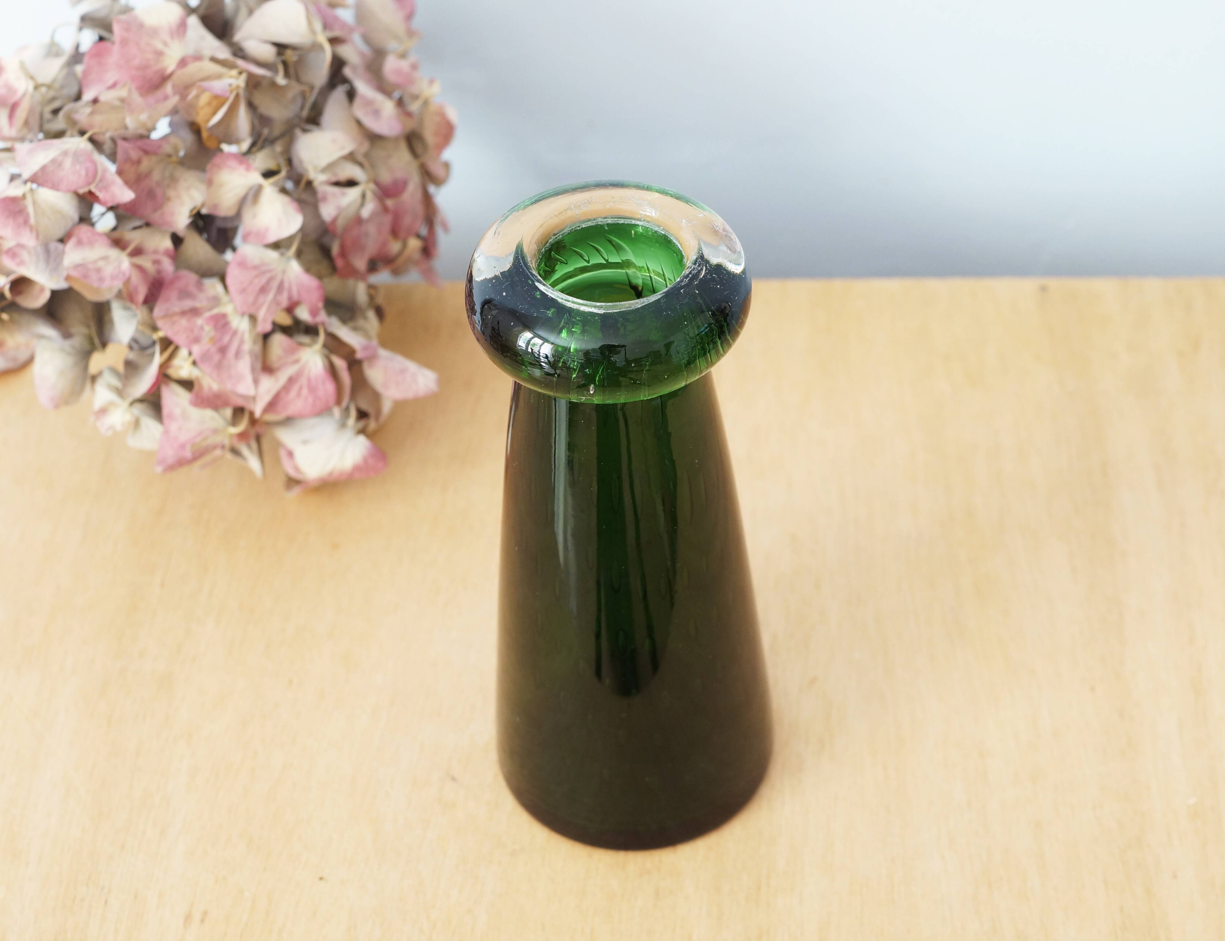 Green glass vase, bubbled blown glass, vintage