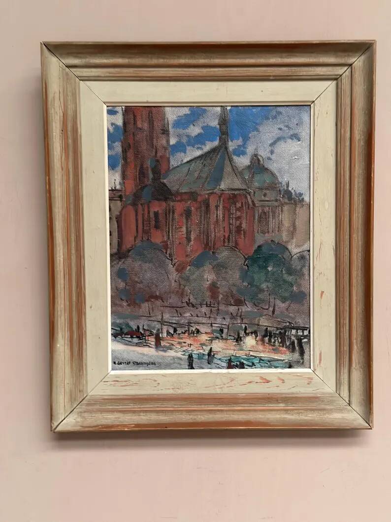 Original Swedish Oil on Panel – “Castle Behind Trees” by K. Gustaf Strandgers – Signed – Vintage & Framed