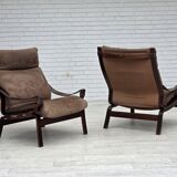 1970s, Scandinavian lounge chair, nubuck leather, canvas, beech wood.