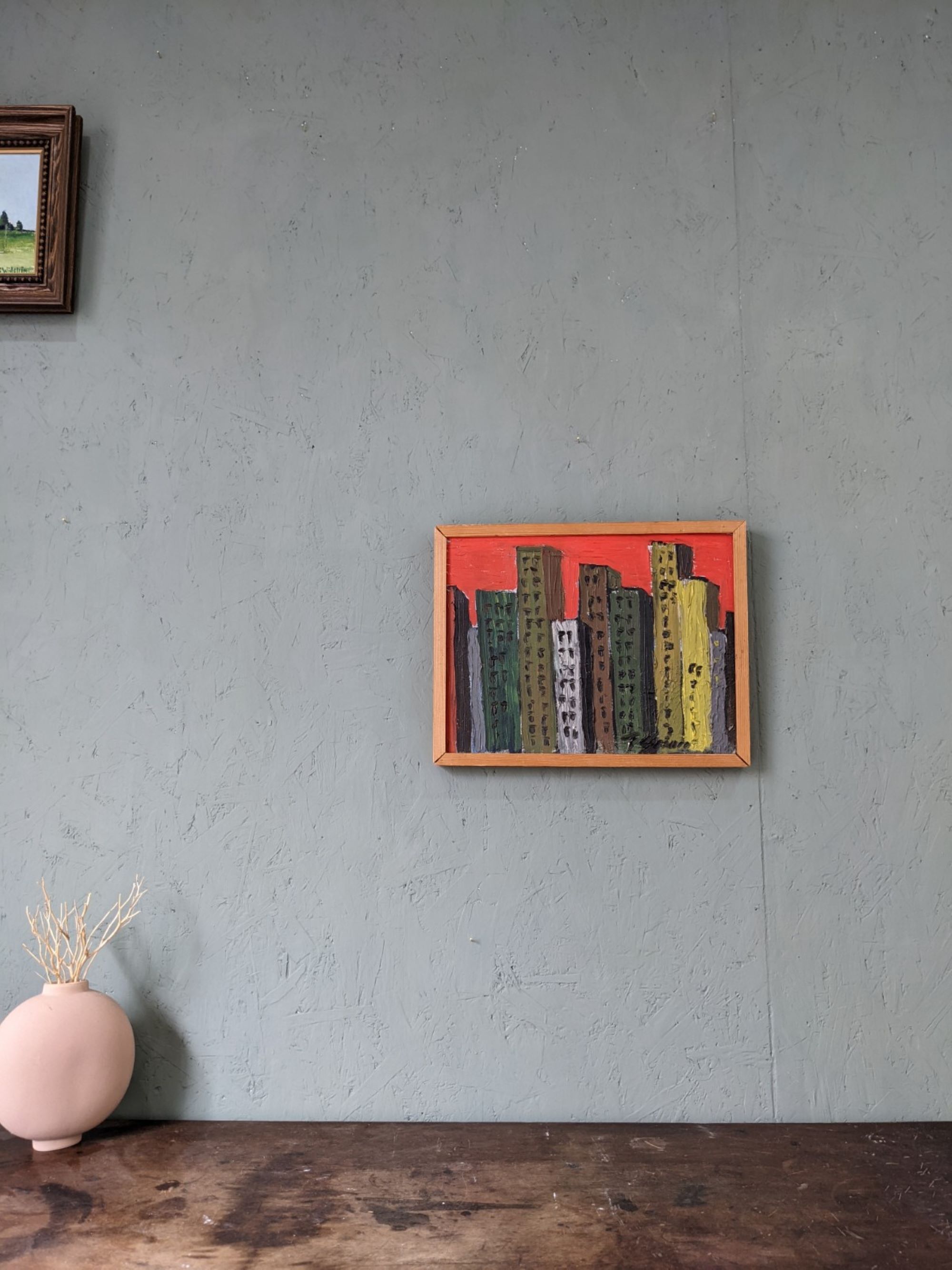 Mid-Century Modern Swedish "Skyline" Vintage Framed Cityscape Oil Painting