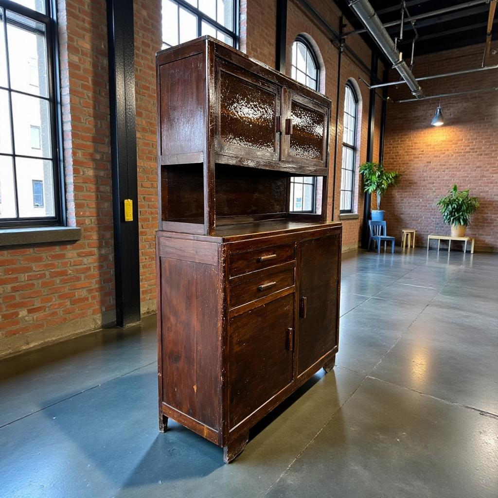 Vintage wooden display cabinet with yellow glass.