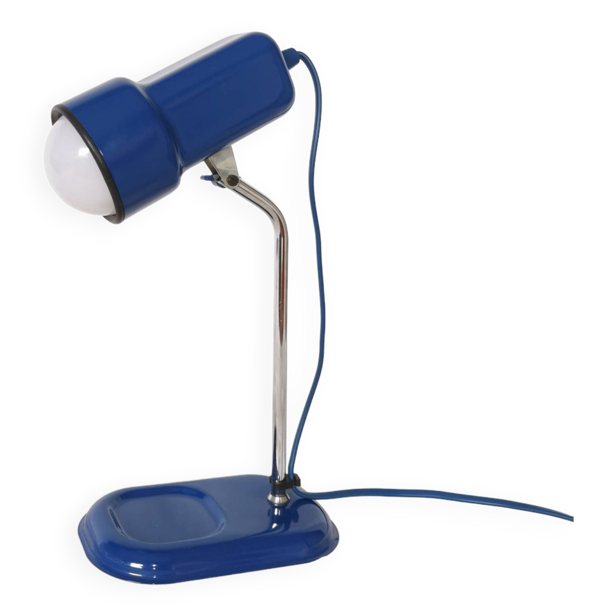Blue and chrome adjustable spot desk lamp, Vrieland Design, Netherlands, 1970s