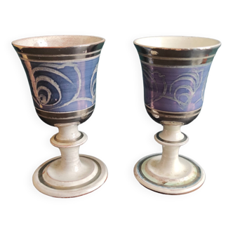 Set of 2 large ceramic glasses in blue and silver