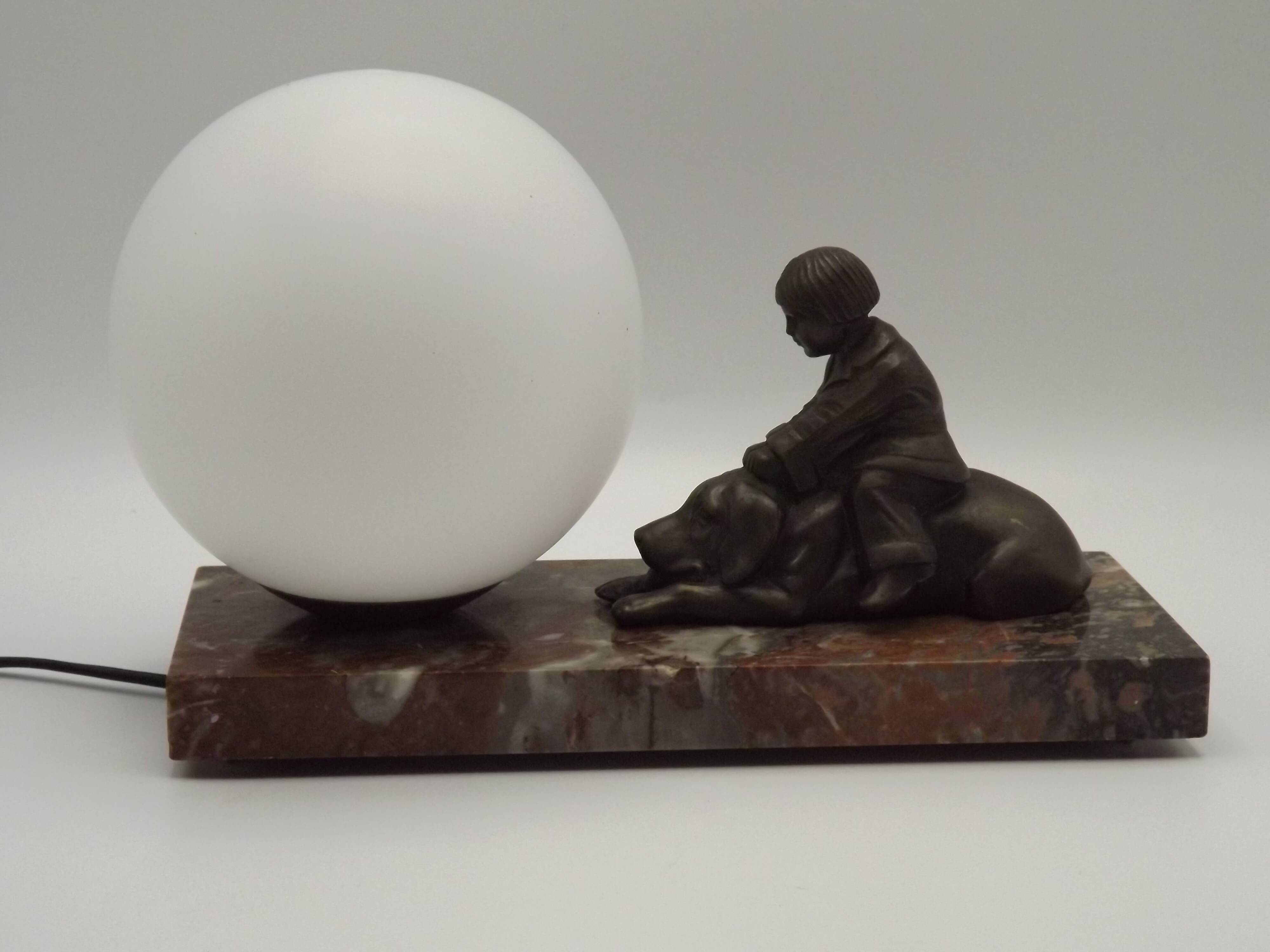 French Art Deco Table Lamp Vintage Dog & Child Figure Opaline Glass Shade