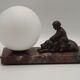 French Art Deco Table Lamp Vintage Dog & Child Figure Opaline Glass Shade