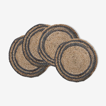 Handmade round placemat in ecru and blue jute
