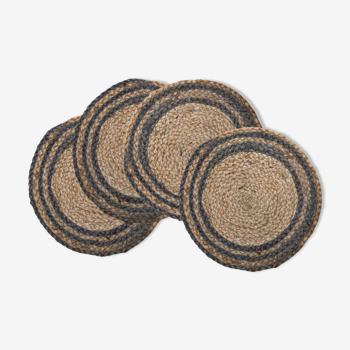 Set de table rond fait main en jute écru et bleu