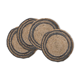 Handmade round placemat in ecru and blue jute