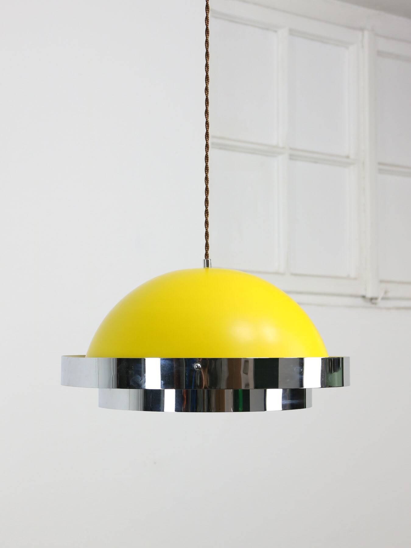 Space-age italian yellow and chrome metal pendant lamp, 1970s