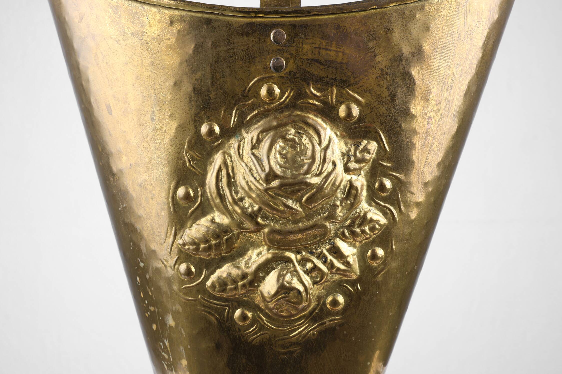 French vintage rustic brass and copper base umbrella stand with embossed decoration