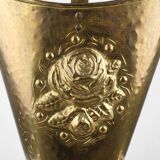 French vintage rustic brass and copper base umbrella stand with embossed decoration