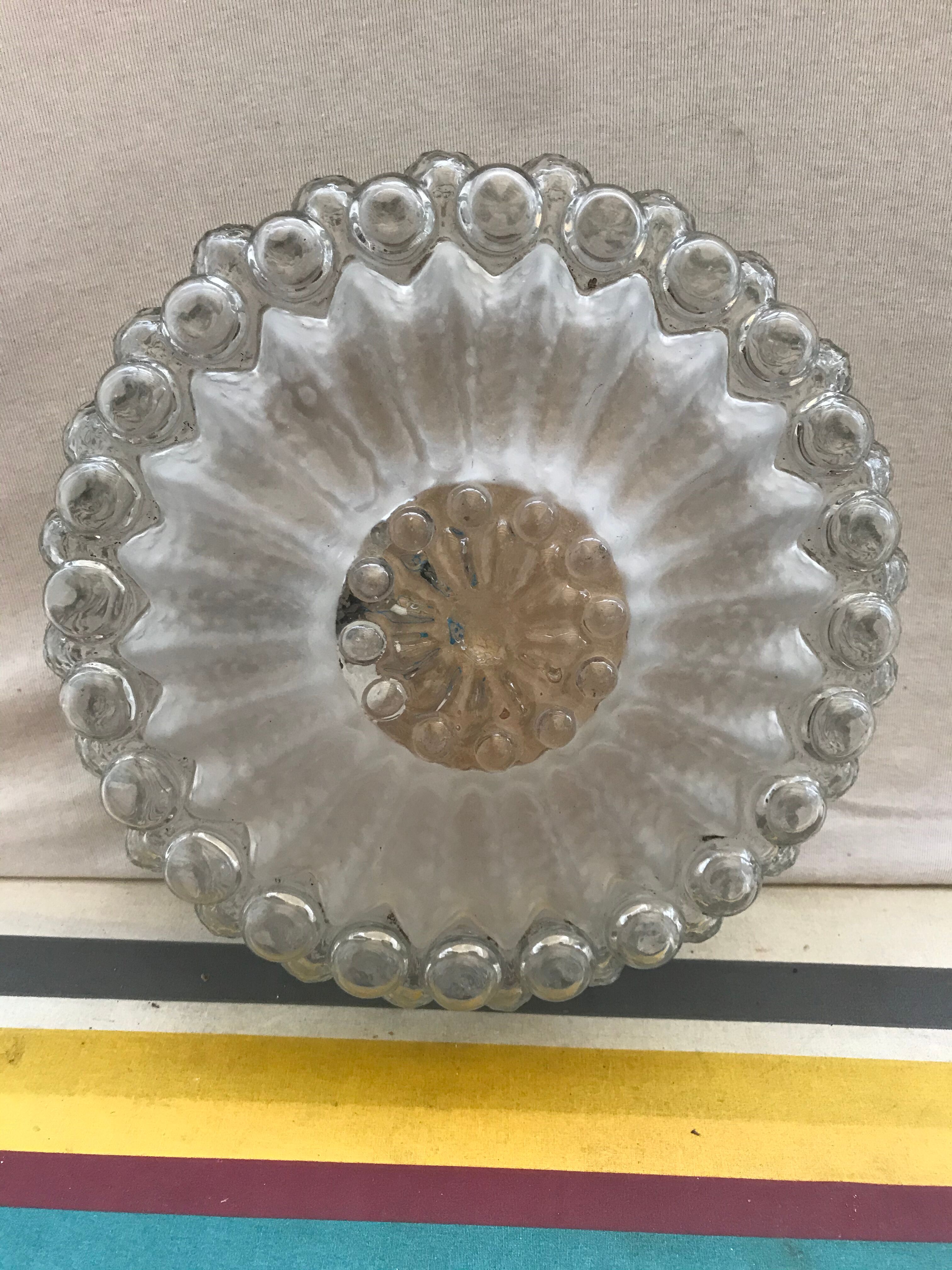 Plafonnier rond en verre moulé avec socle métal vintage