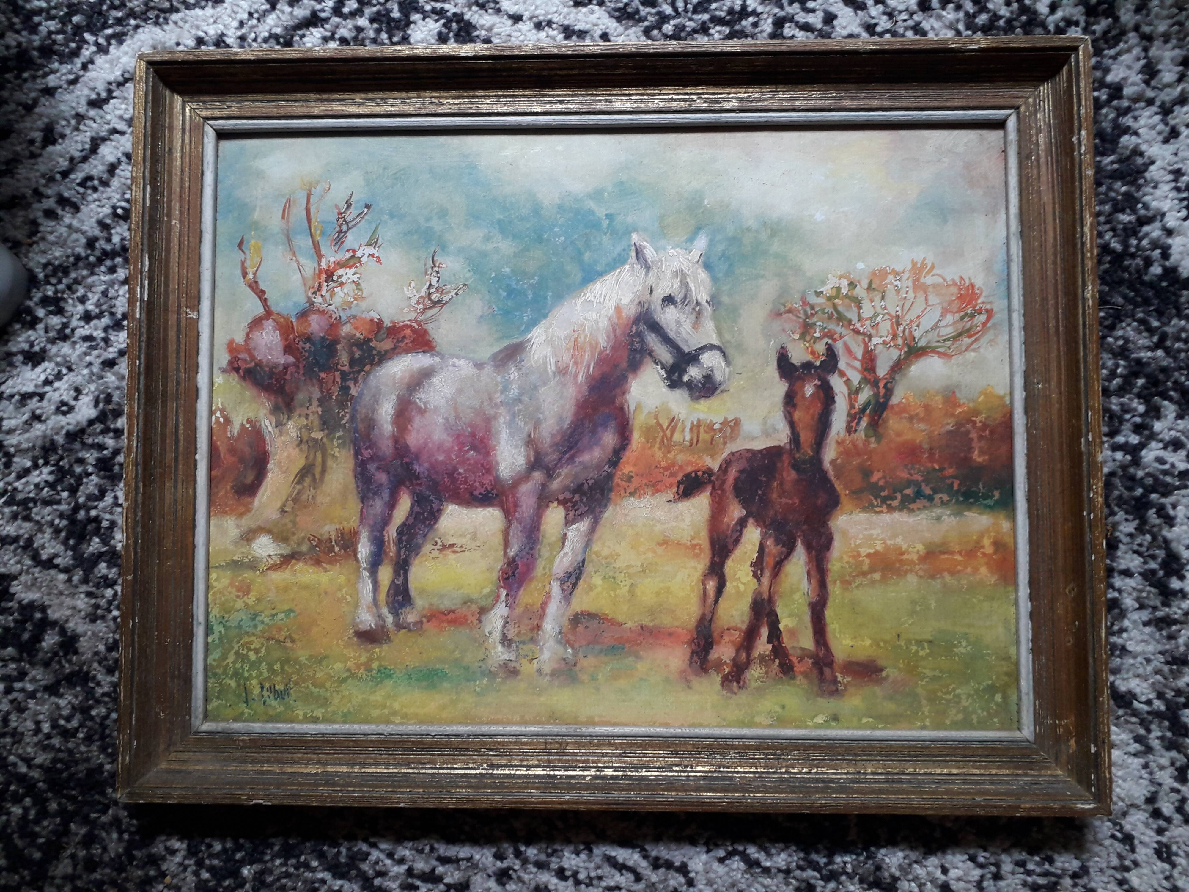 Antique painting depicting horses