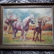 Antique painting depicting horses