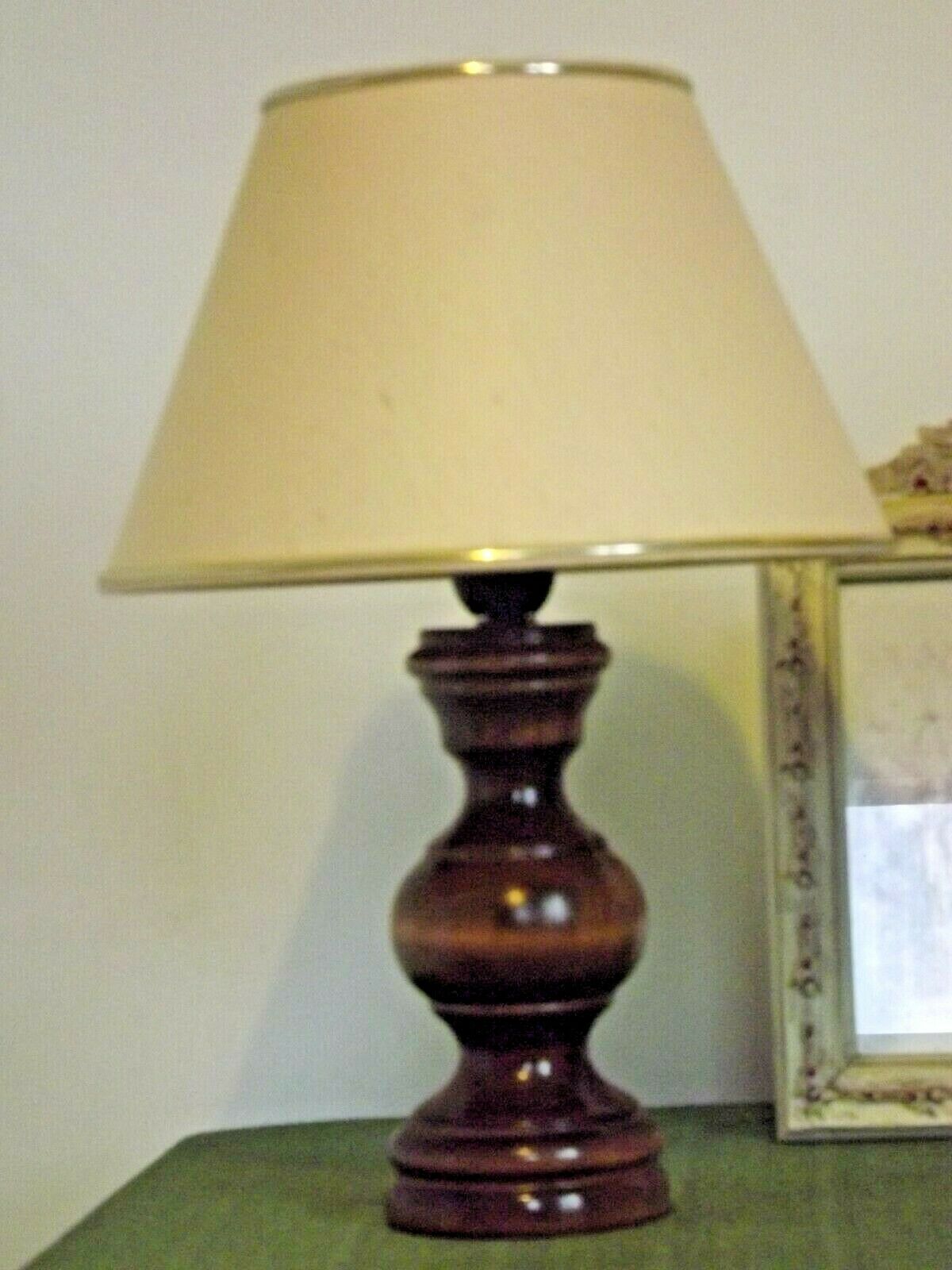 Pair French Mid Century Turned Wood Table Lamps With Beige & Gold Shades 3247