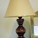 Pair French Mid Century Turned Wood Table Lamps With Beige & Gold Shades 3247