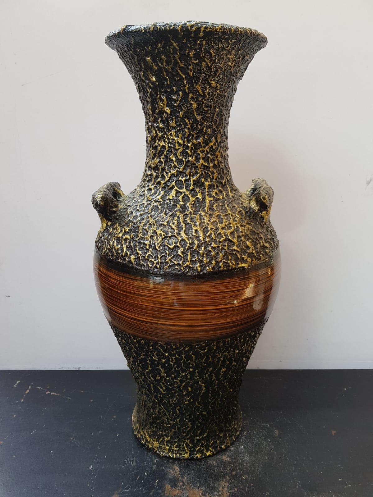 Vase large model black ceramic gold & brown vintage wood imitation