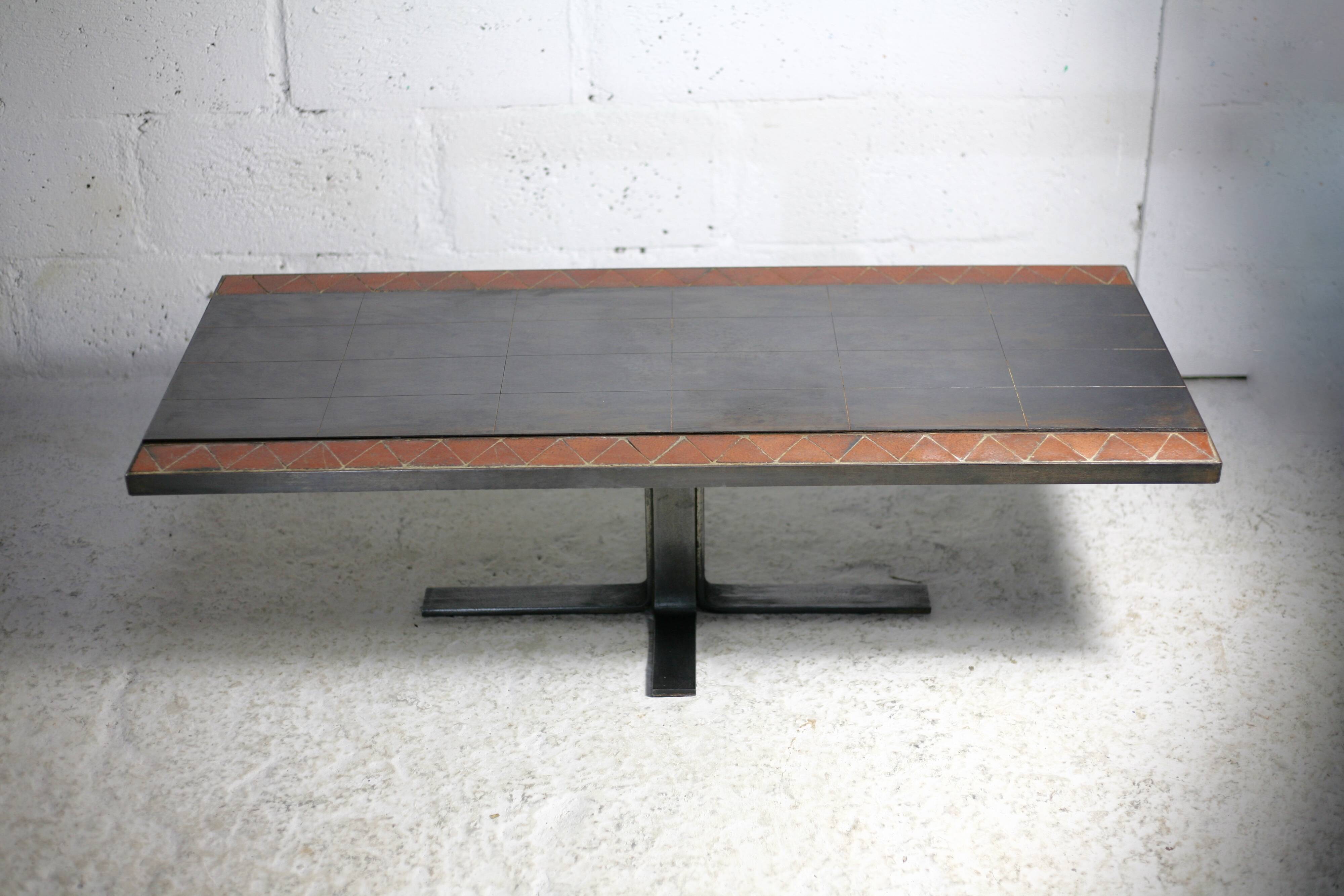 Coffee table, ceramic and steel plates, circa 1960.