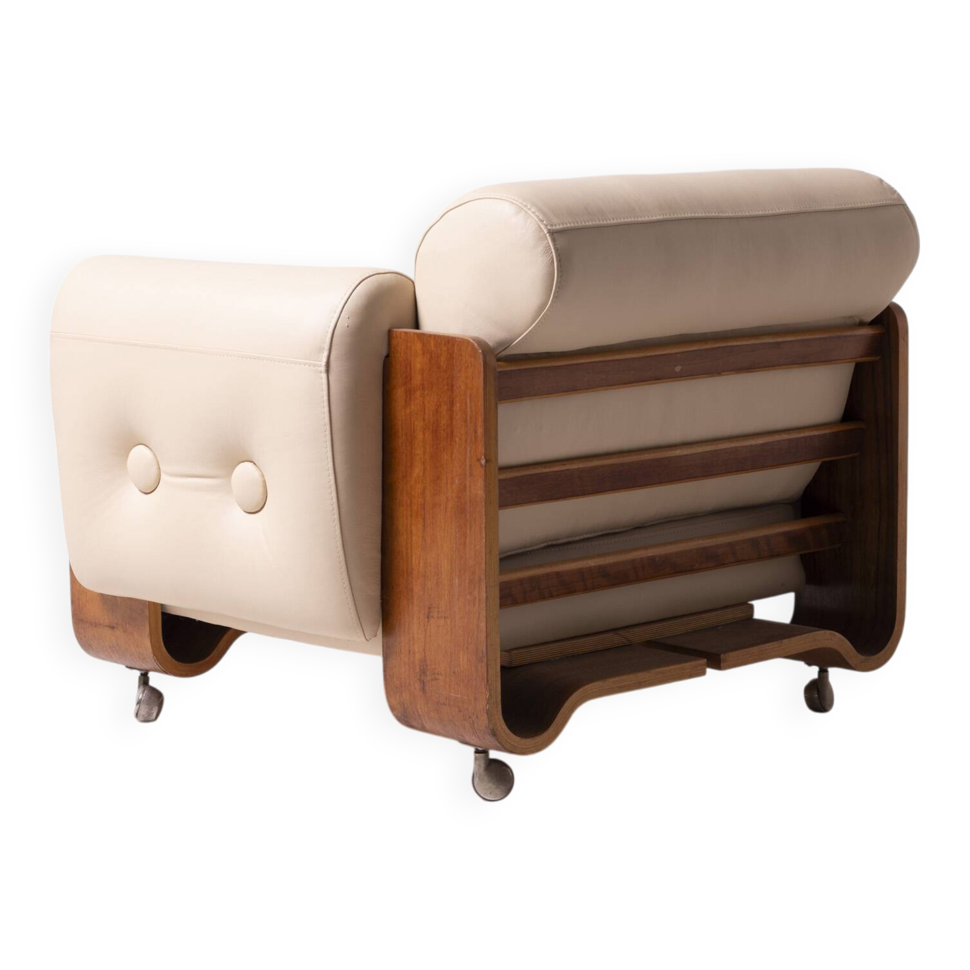 1970s brutalist lounge chair by Jan Bocan, Czechoslovakia, cream leather an