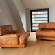Paire de fauteuils vintage Gérard Guermonprez cuir fauve et inox, France 1970
