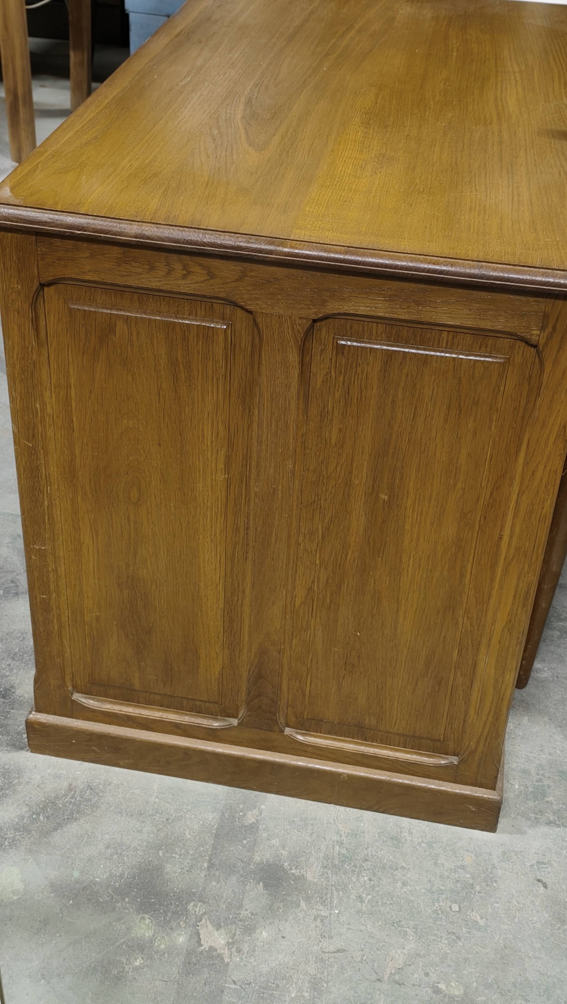 Blonde solid oak desk, cabinet, American type.