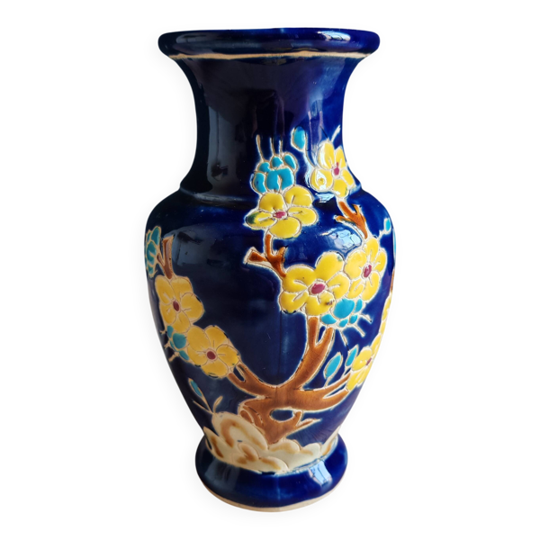 Vase Céramique Bleu Cobalt Vintage   Fleurs Émaillées Style Japonais
