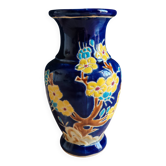 Vintage Cobalt Blue Ceramic Vase | Enamelled Flowers Japanese Style