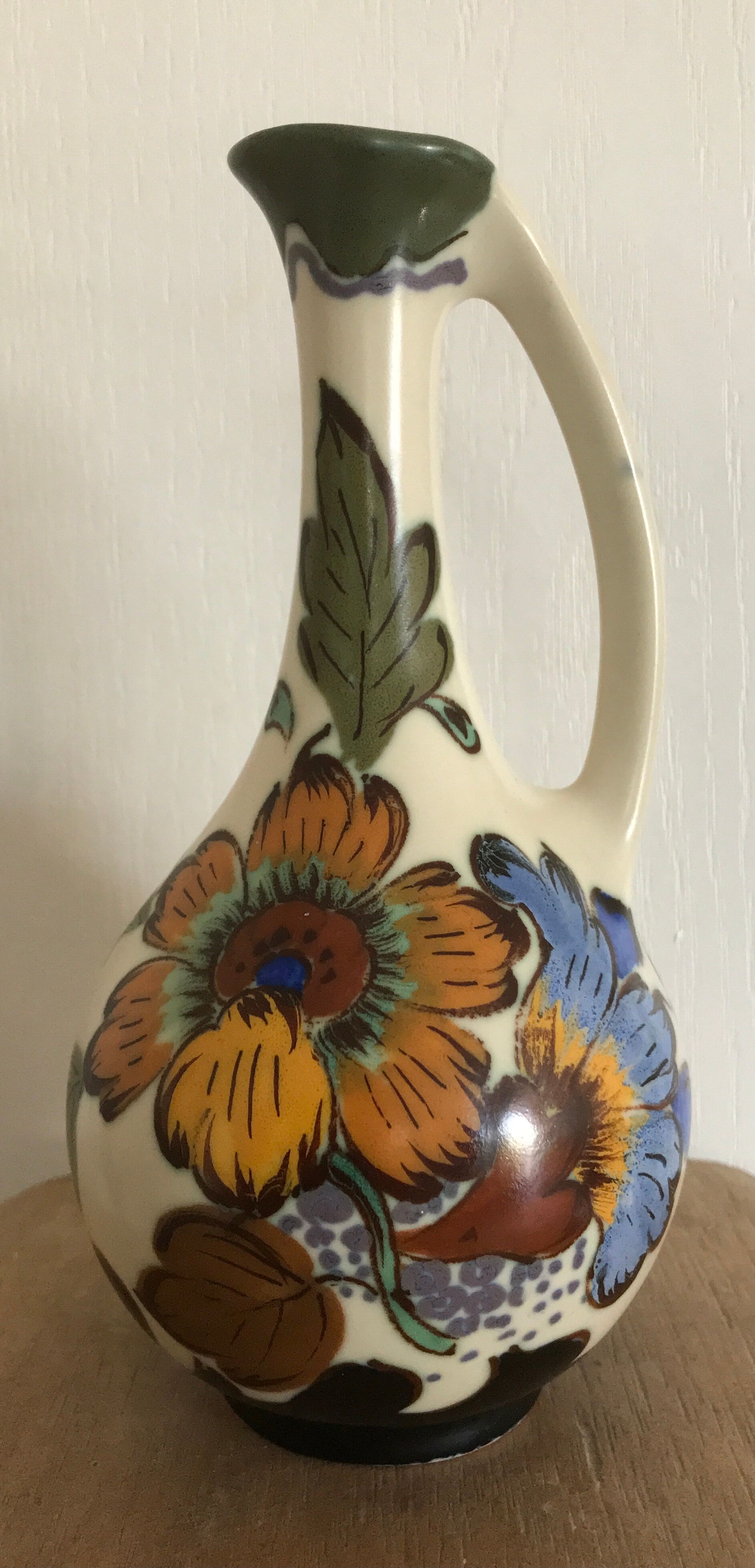 Old porcelain vase royal gouda holland decoration hand signed, 18 cm