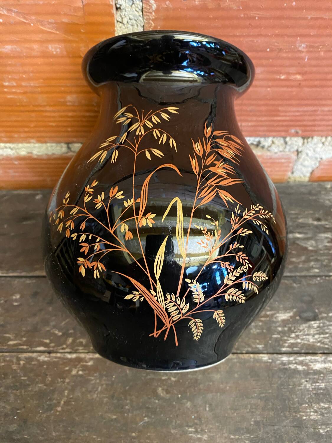 Antique st clement vase black ceramic painted decor vintage