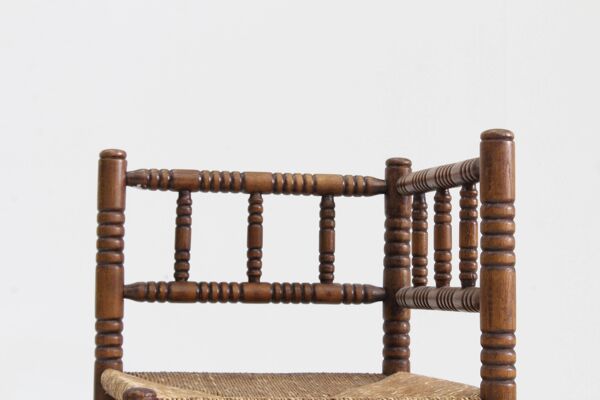 Banc Bobbin vintage avec assise en jonc, années 1920