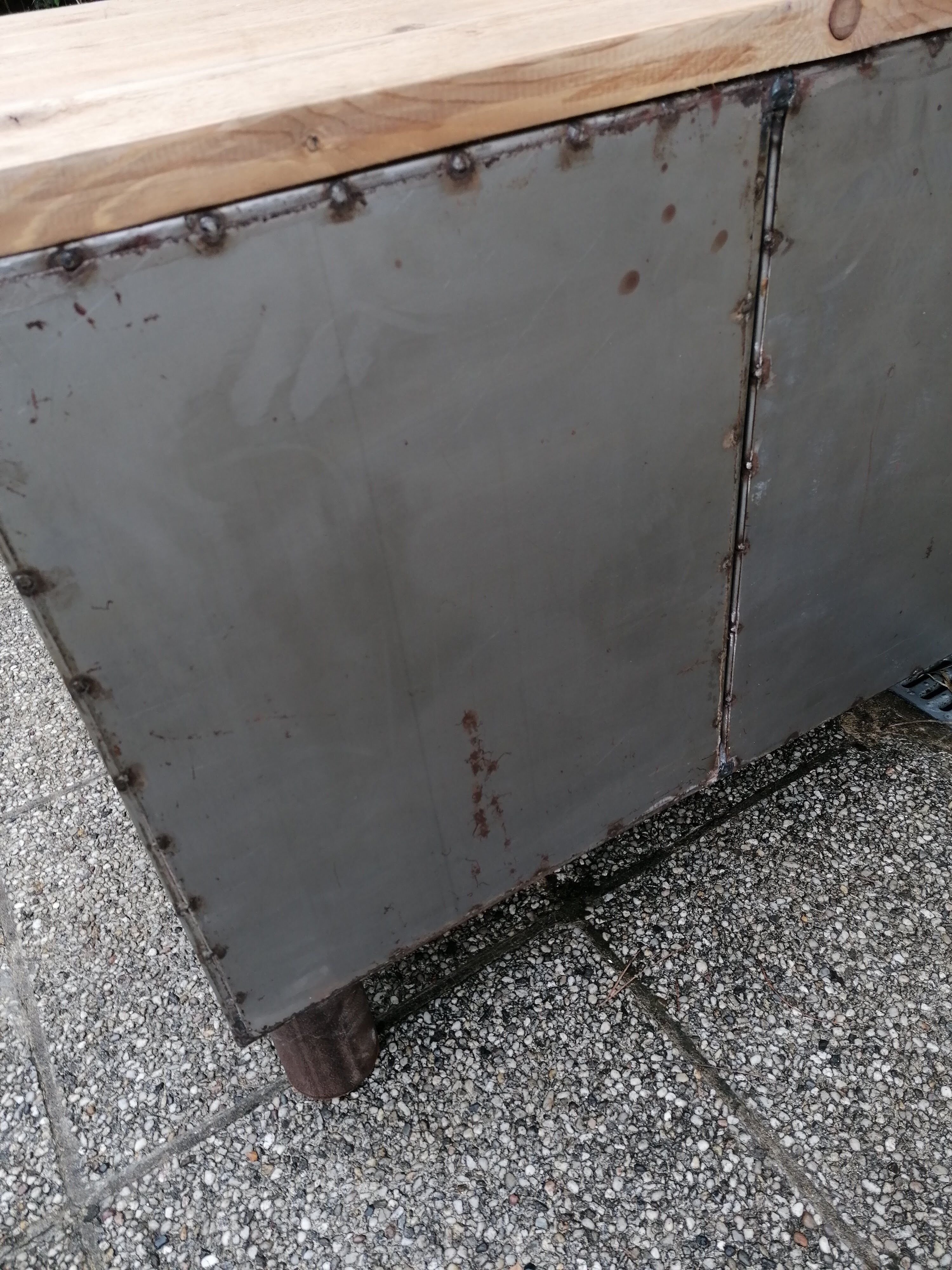 Antique workshop workbench, vintage, metal and wood