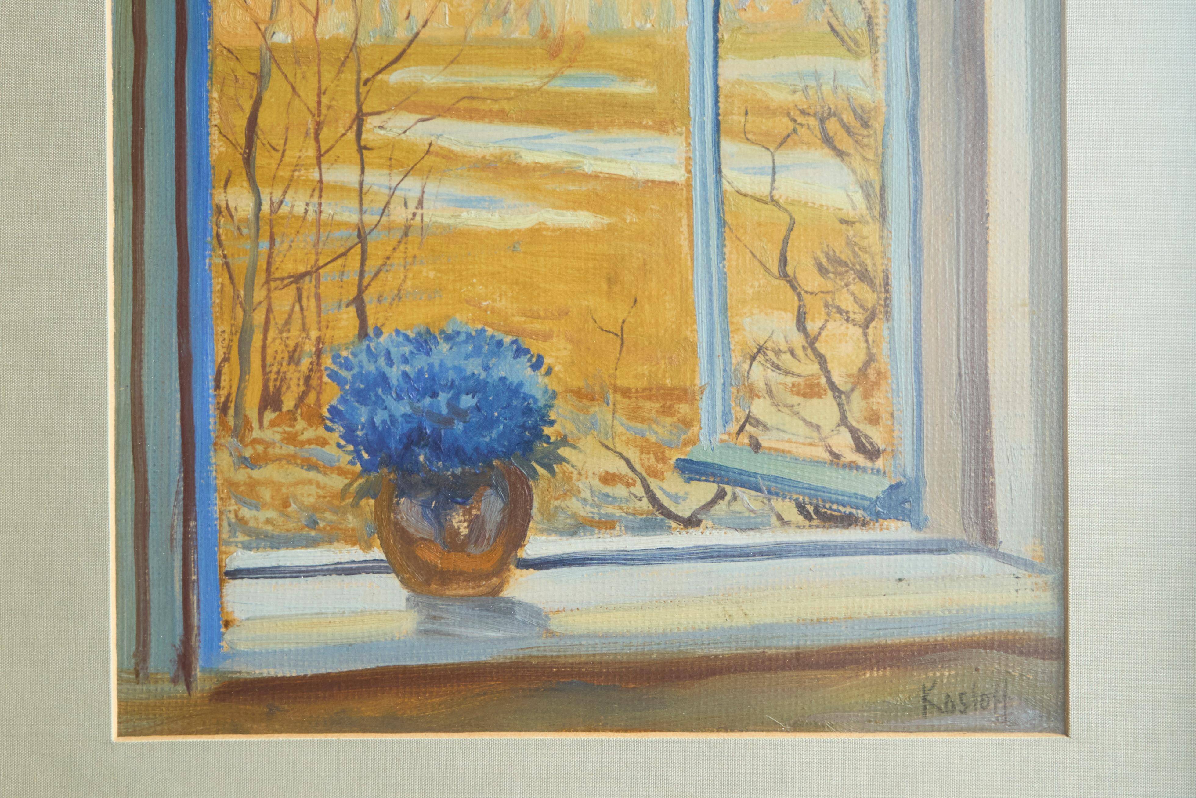 Painting of an open window with flowers, Belgium early 20th century.