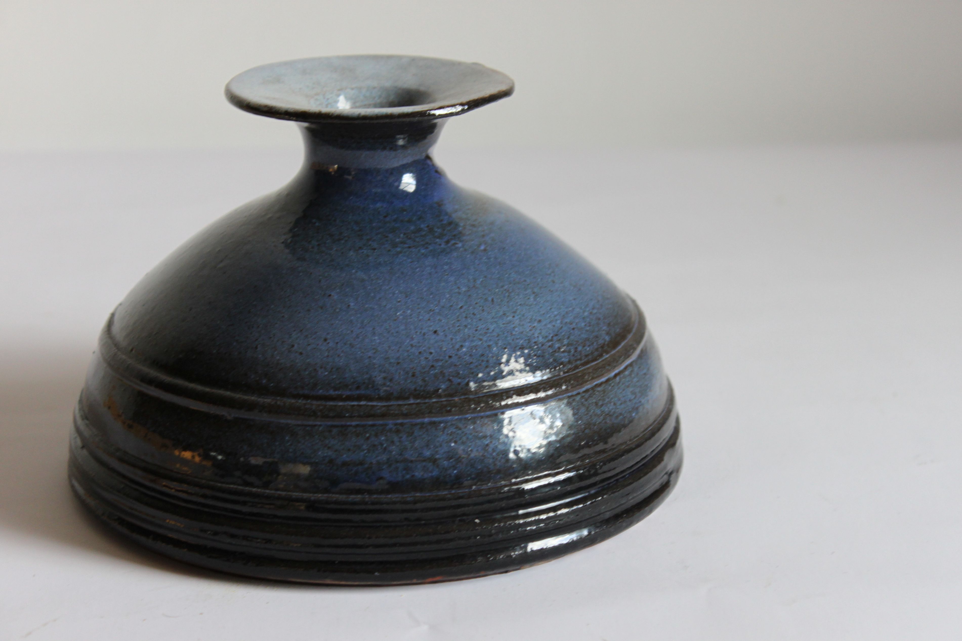 Blue ringed vase by Rogier Vandeweghe for Perignem Belgium, 1960s.