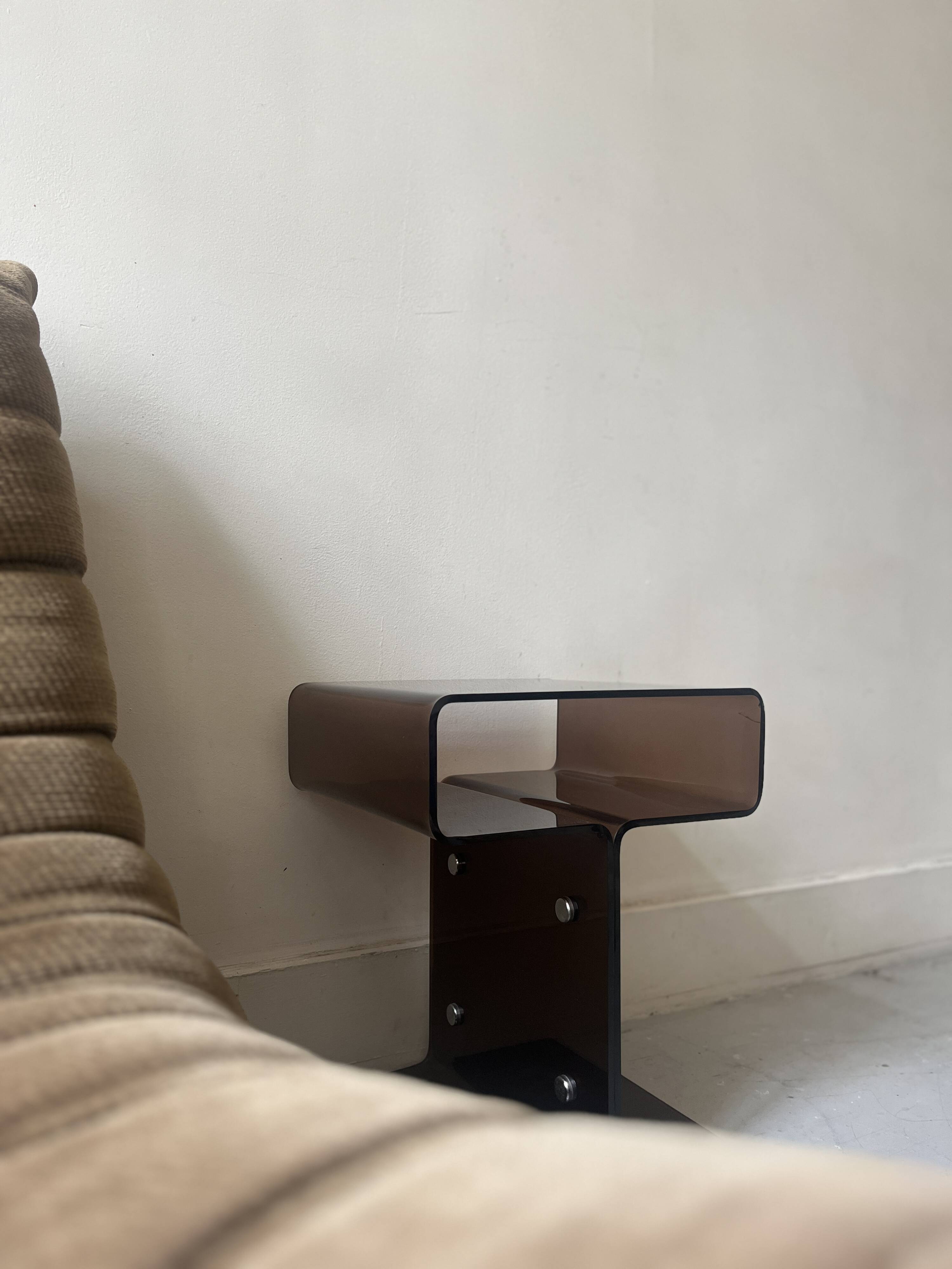Smoked plexiglass side table/bedside table, M. Dumas for Roche Bobois 1970