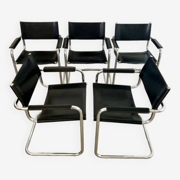 Lot of 5 tubular metal and black leather chairs MG5 GRassi style 70s Bauhaus style