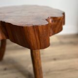 Brutalist coffee table, elm slice, tripod, 1960s
