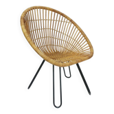 Fauteuil des années 1960 en osier de bambou avec pieds en épingle à cheveux