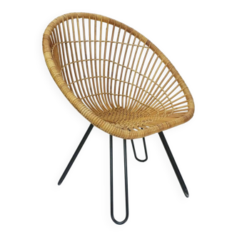 Fauteuil des années 1960 en osier de bambou avec pieds en épingle à cheveux