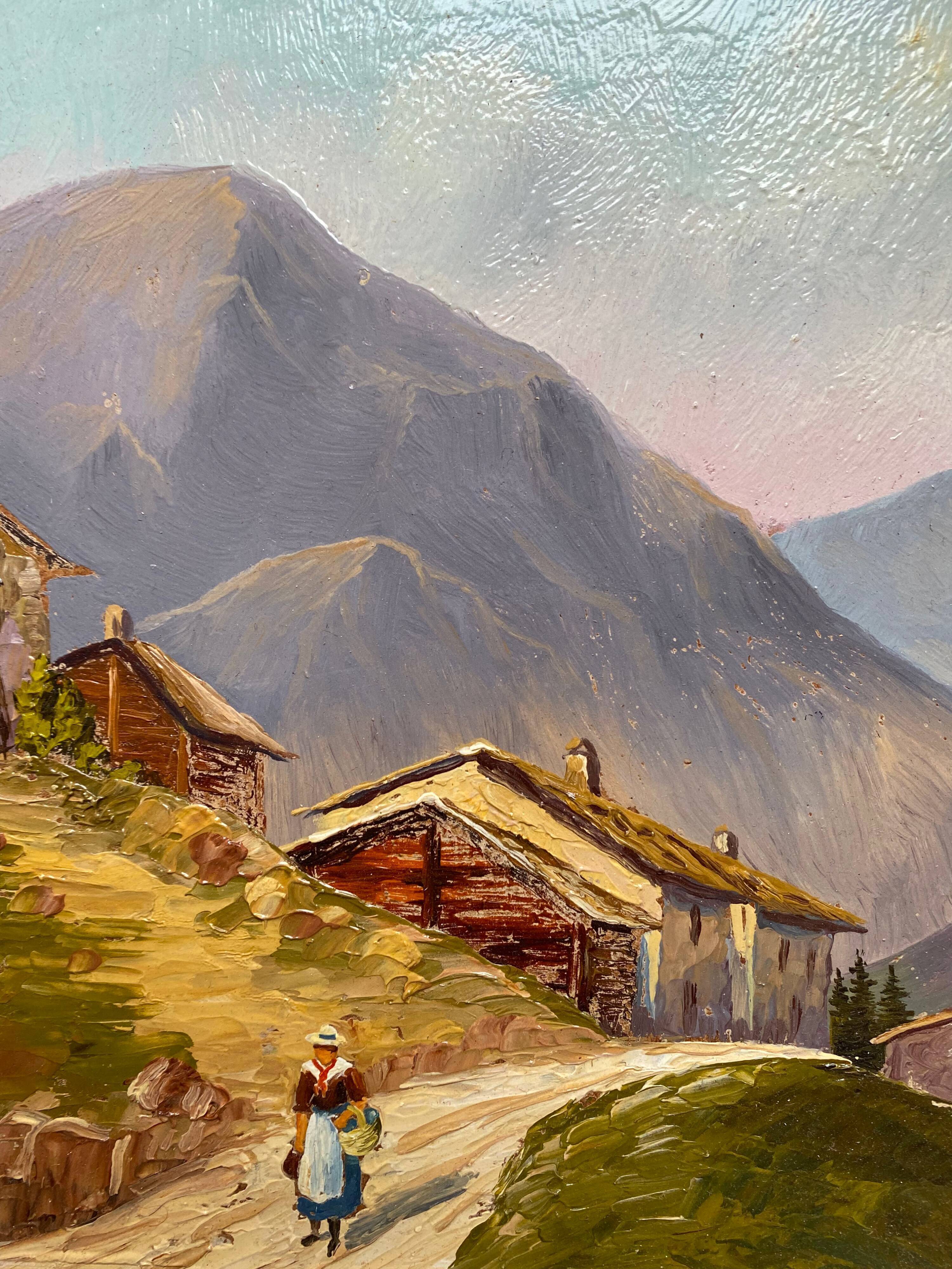 Painting Lively Mountain Landscape Alpine Chalets signed Maurel + frame