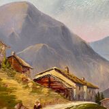Painting Lively Mountain Landscape Alpine Chalets signed Maurel + frame