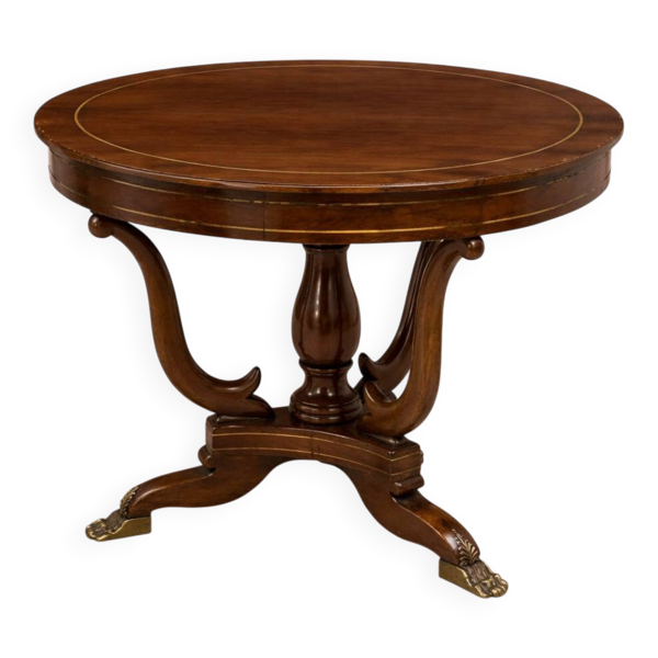 Table ronde Empire – acajou avec incrustations et pieds griffes