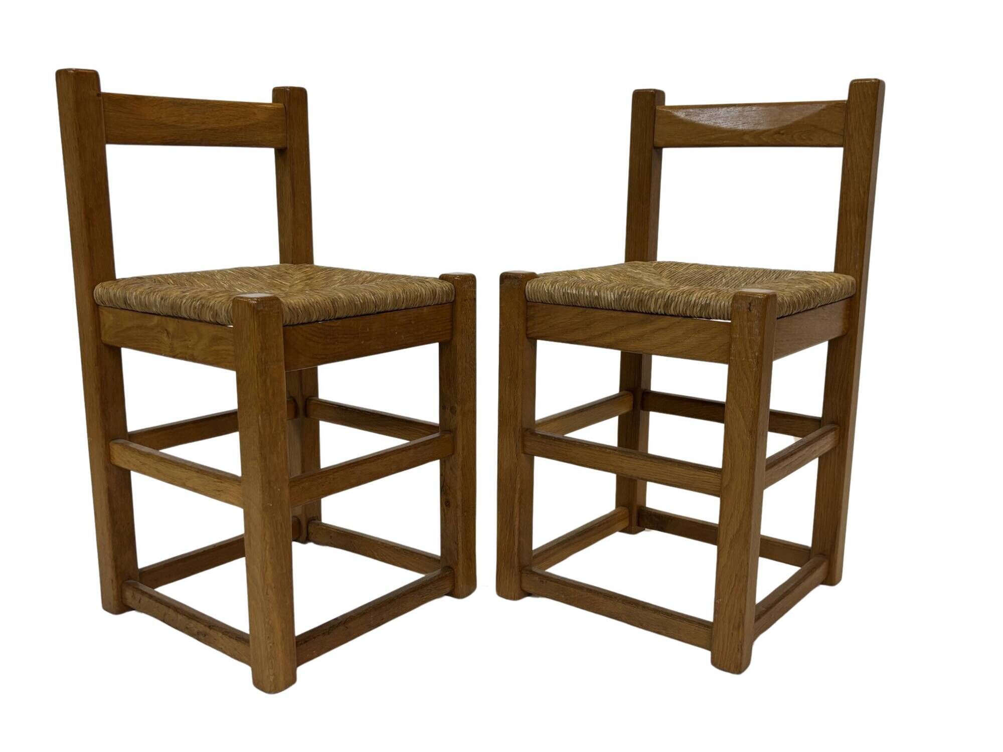 Set of four vintage chairs / stool - brutalist style minimalist oak and wicker 60s
