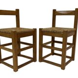 Set of four vintage chairs / stool - brutalist style minimalist oak and wicker 60s