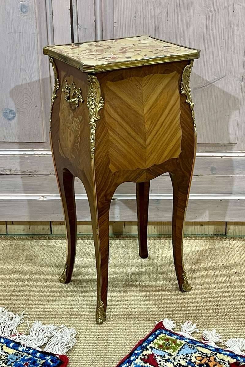 Louis XV style bedside table in rosewood and oak from the 70s with marble top