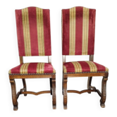 Paire de fauteuils anciens — style Louis XIII/Renaissance — velours rayé rouge/or — XIXe