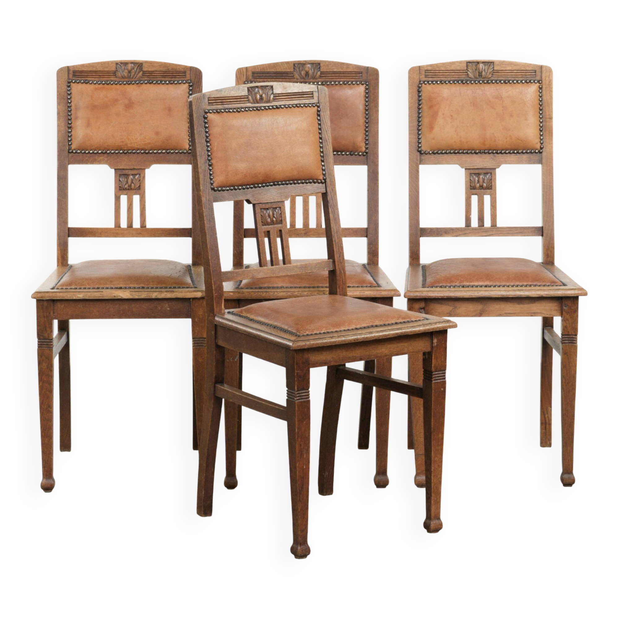 Set of 4 antique oak dining chairs in Art Nouveau style with sheepskin