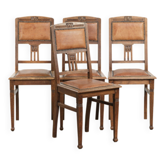 Set of 4 antique oak dining chairs in Art Nouveau style with sheepskin