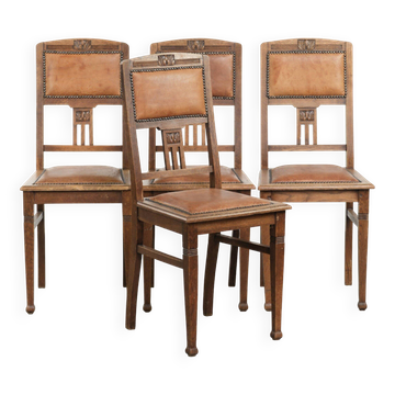 Set of 4 antique oak dining chairs in Art Nouveau style with sheepskin