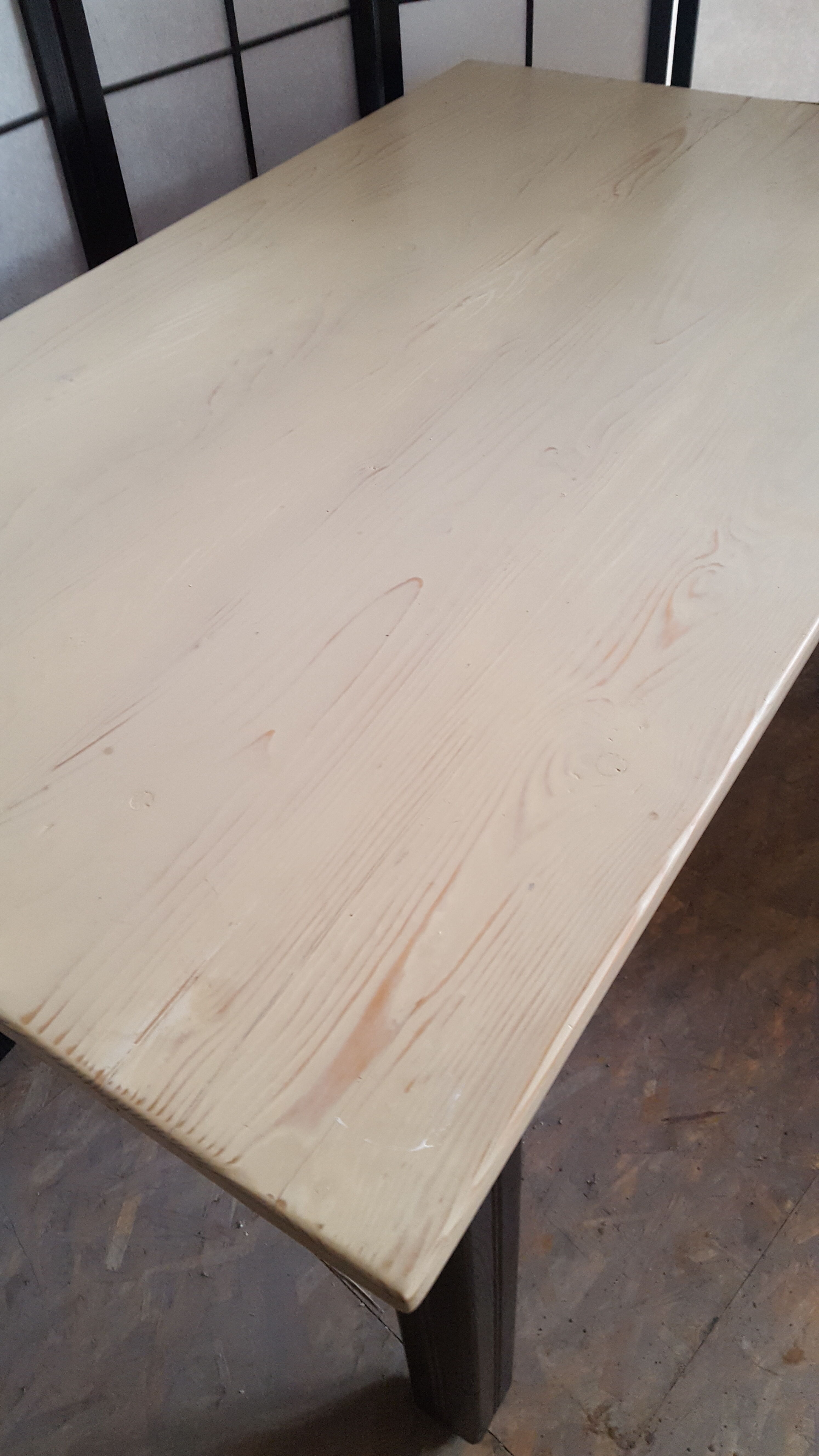 Farm table, dining, oak and pine patinated black and pale yellow