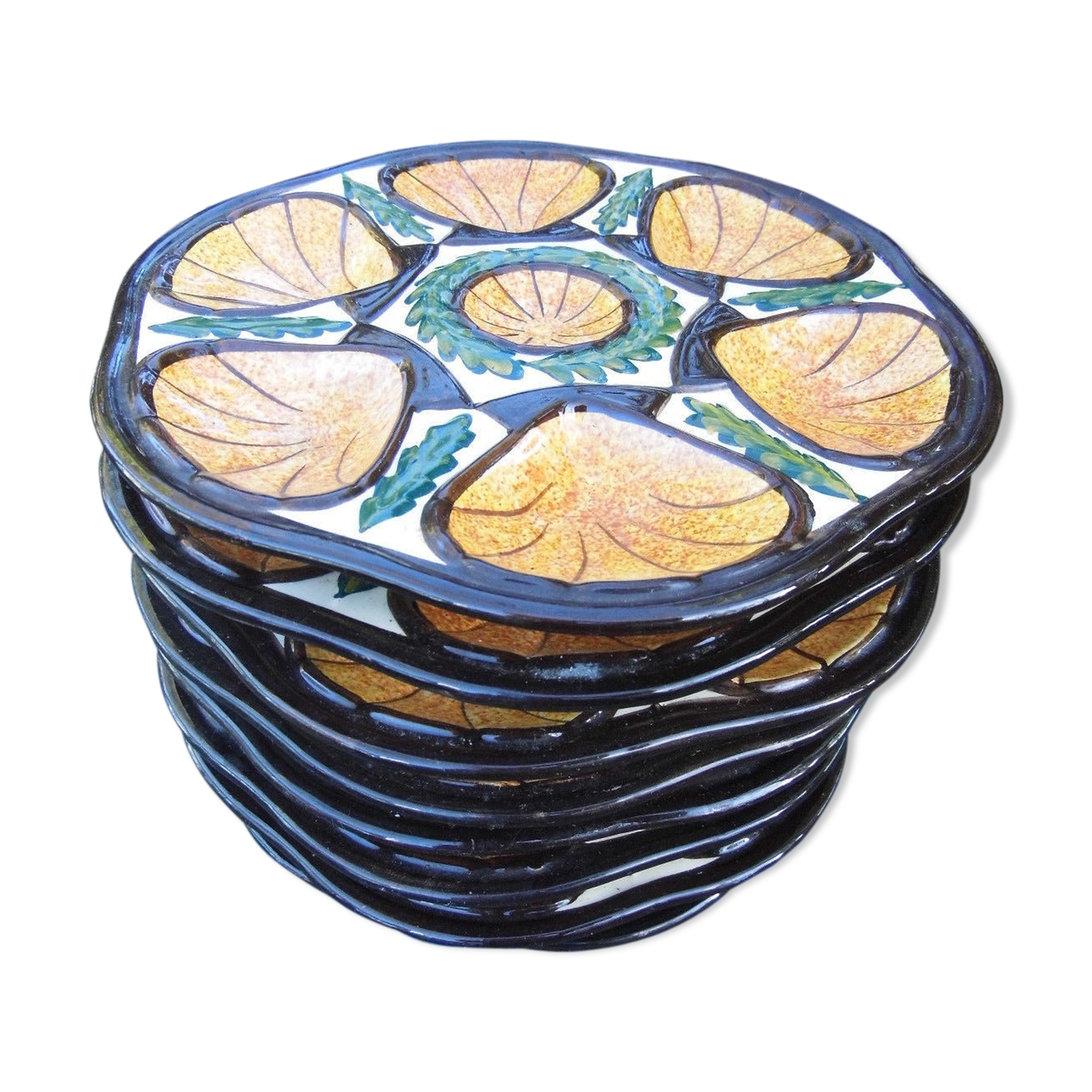 Shell oyster service 8 plates,faience St Jean de Bretagne vintage